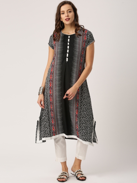 

IMARA Women Black Printed Straight Kurta