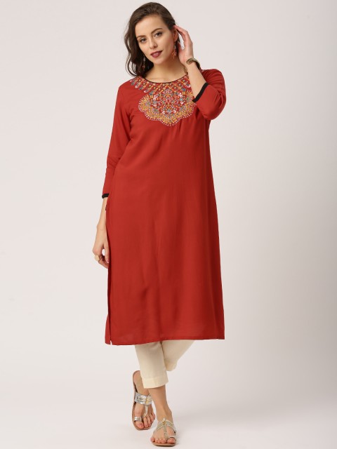 

IMARA Women Rust Red Yoke Design A-Line Kurta