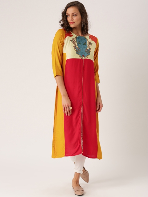 

IMARA Women Rust Red & Mustard Yellow Yoke Design A-Line Kurta