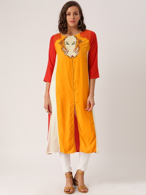 

IMARA Women Mustard Yellow & Red Yoke Design A-Line Kurta