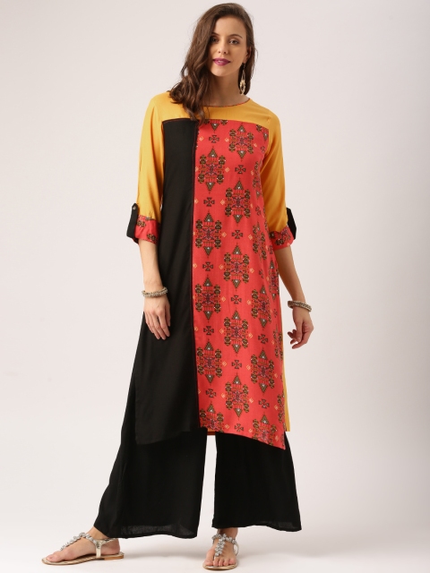 

IMARA Women Coral Pink & Black Printed Straight Kurta