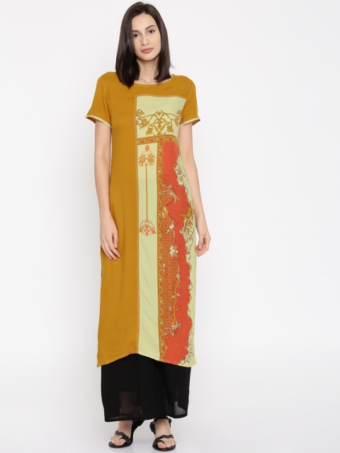 

IMARA Women Mustard Yellow & Beige Printed Straight Kurta