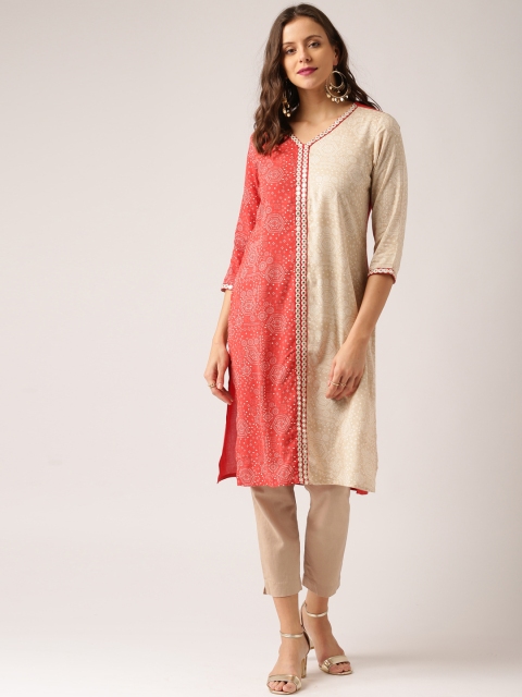 

IMARA Women Beige & Red Printed A-Line Kurta