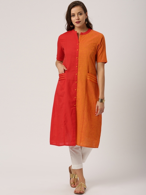 

IMARA Women Red & Mustard Colourblocked A-Line Kurta