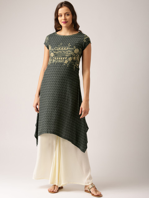 

IMARA Women Black & Grey Printed A-Line Asymmetrical Hem Kurta