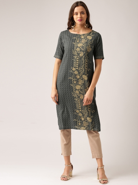 

IMARA Women Black & Grey Printed Straight Kurta