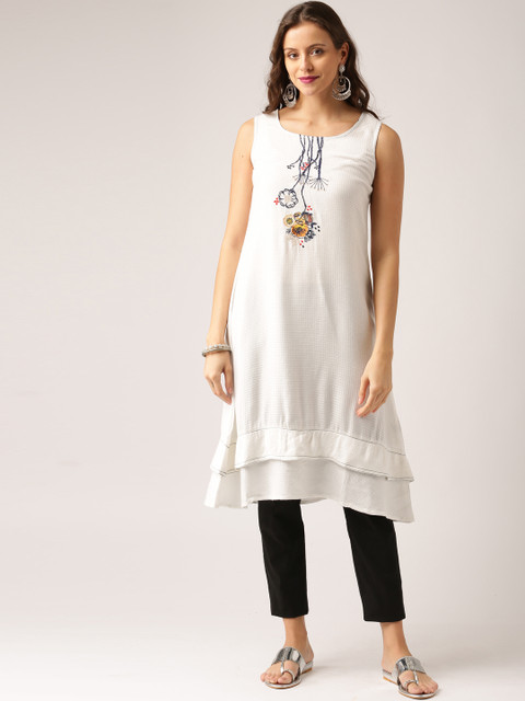 

IMARA Women White Woven Design A-Line Kurta