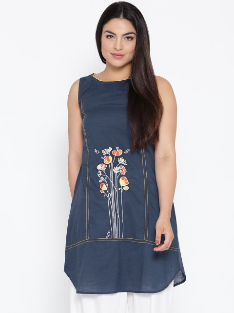 

IMARA Women Navy A-Line Kurta with Floral Embroidery, Navy blue