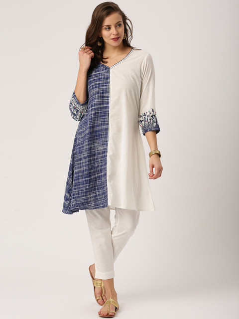 

IMARA Women Navy Blue & Off-White Printed A-Line Kurta