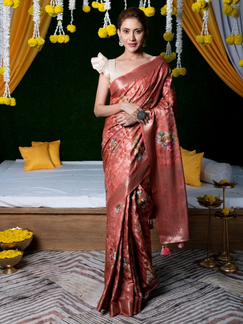 

BEATITUDE Brown & Pink Floral Zari Silk Blend Saree