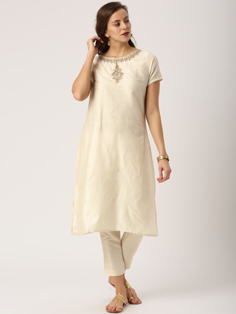 

IMARA Women Beige Embroidered A-Line Kurta
