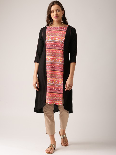 

IMARA Women Black Printed Straight Kurta