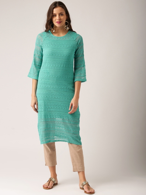 

IMARA Women Sea Green Woven Design Straight Kurta