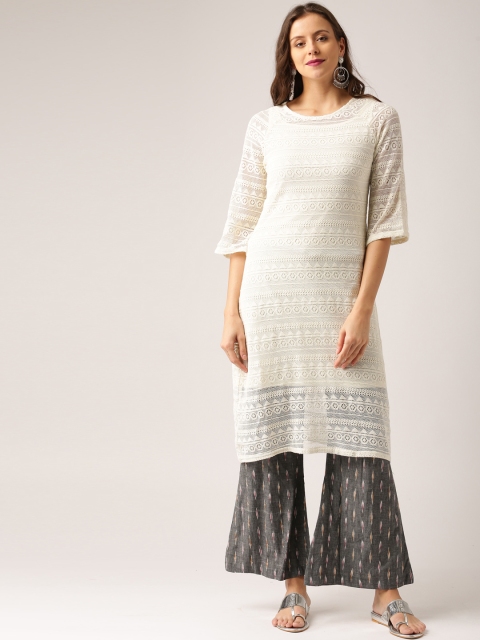 

IMARA Women Off-White Woven Design A-Line Kurta