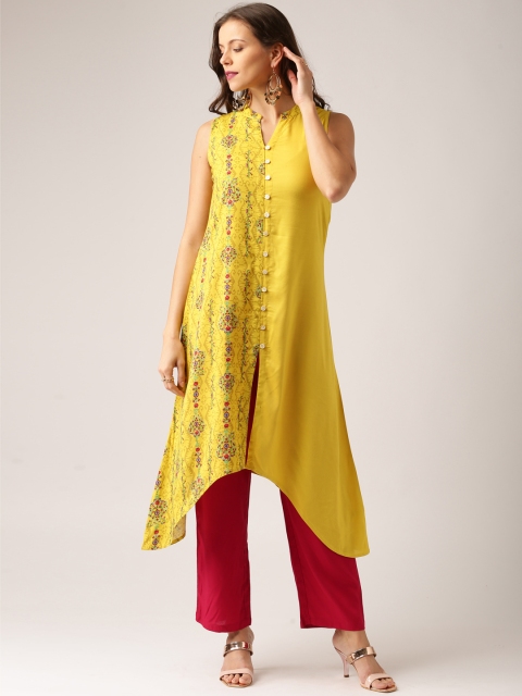 

IMARA Women Yellow Printed A-Line Asymmetric Kurta