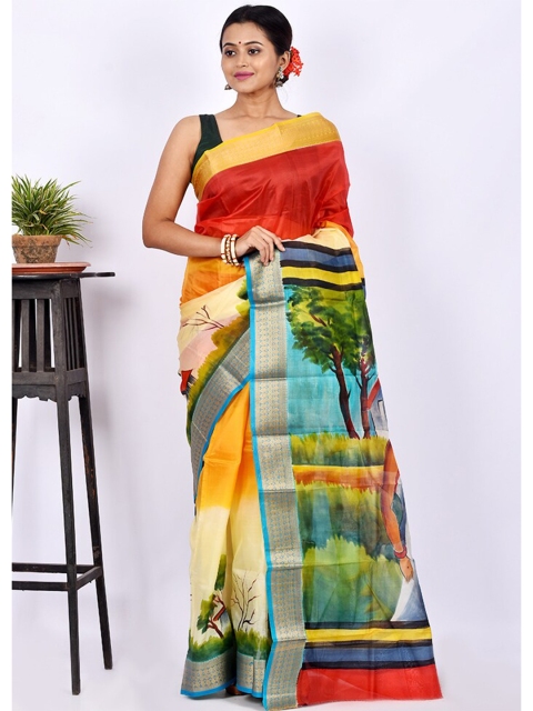 

AllSilks Red & Yellow Zari Pure Silk Block Print Saree