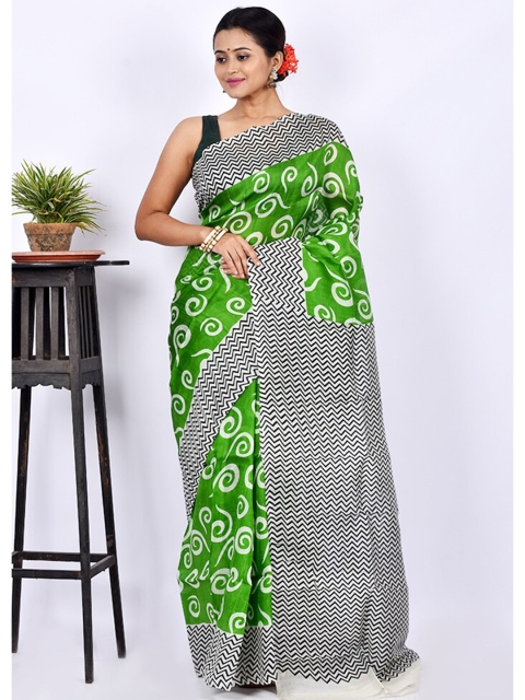 

AllSilks Green & White Pure Silk Block Print Saree