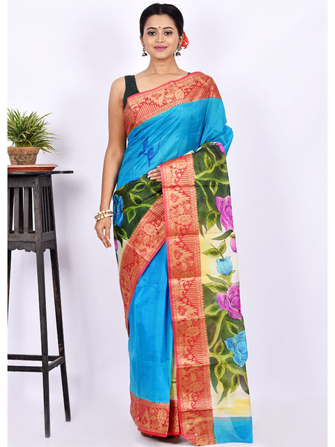 

AllSilks Blue & Red Floral Zari Pure Silk Block Print Saree
