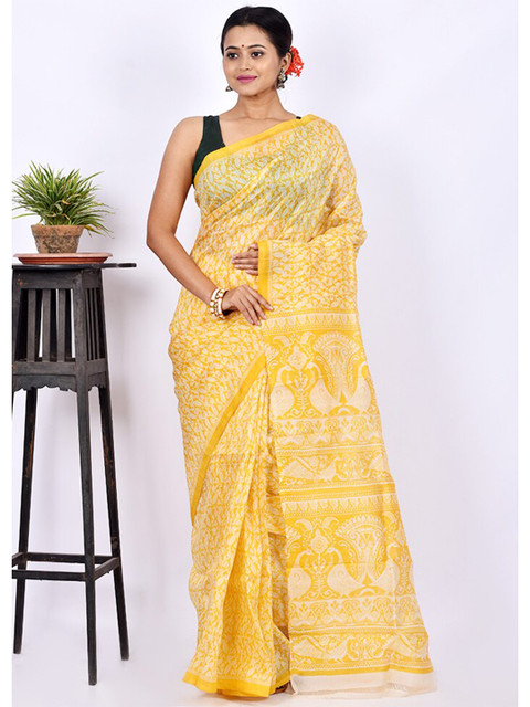 

AllSilks Yellow & White Floral Pure Silk Block Print Saree