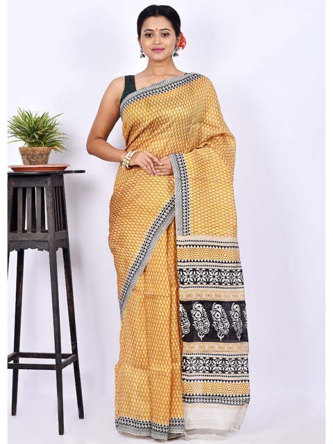 

AllSilks Yellow & White Floral Pure Silk Block Print Saree