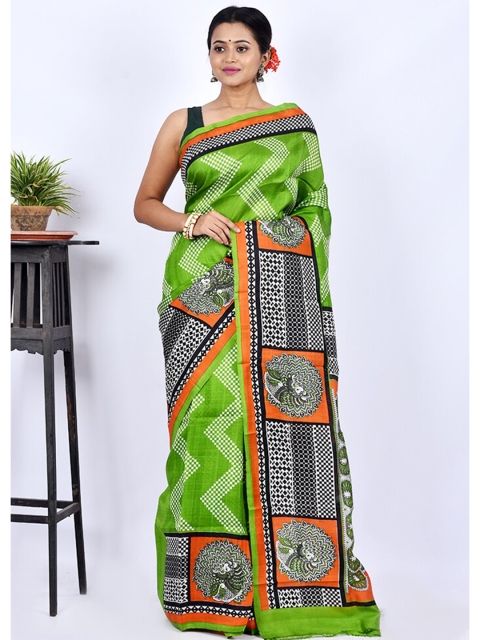 

AllSilks Green & Orange Pure Silk Block Print Saree