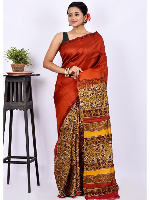 

AllSilks Red & Green Floral Pure Silk Block Print Saree