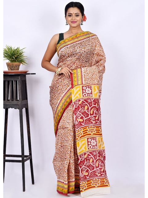 

AllSilks Beige & Yellow Floral Pure Silk Block Print Saree