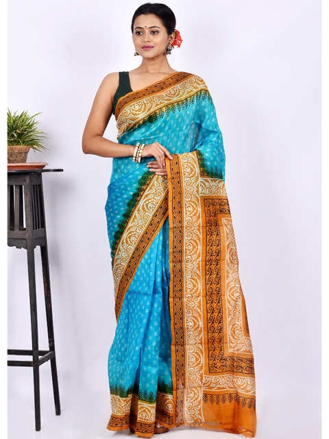 

AllSilks Blue & Mustard Floral Pure Silk Block Print Saree
