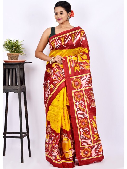 

AllSilks Yellow & Red Pure Silk Block Print Saree