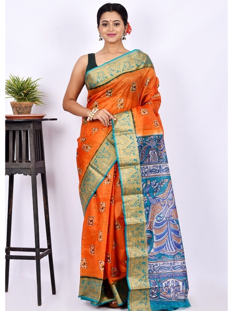 

AllSilks Orange & Blue Zari Pure Silk Block Print Saree