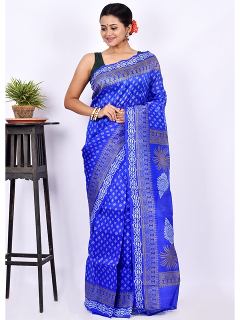 

AllSilks Blue & White Floral Pure Silk Block Print Saree
