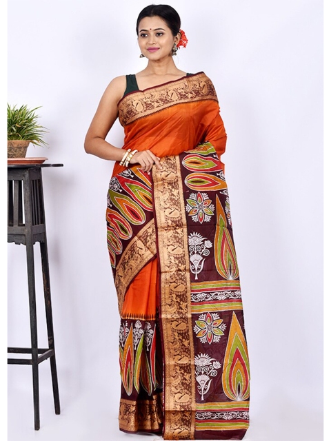 

AllSilks Orange & White Ethnic Motifs Zari Pure Silk Block Print Saree