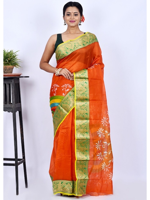 

AllSilks Orange & Green Woven Design Zari Pure Silk Block Print Saree