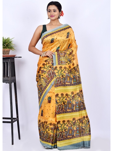 

AllSilks Yellow & Green Floral Pure Silk Block Print Saree