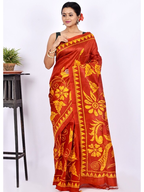 

AllSilks Red & Yellow Floral Pure Silk Block Print Saree