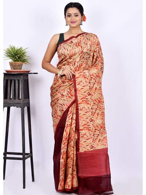 

AllSilks Cream-Coloured & Maroon Pure Silk Block Print Saree