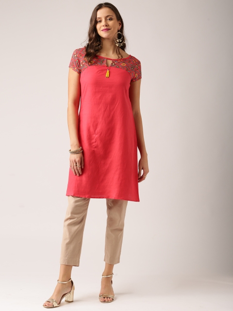 

IMARA Women Coral Pink Yoke Design Straight Kurta