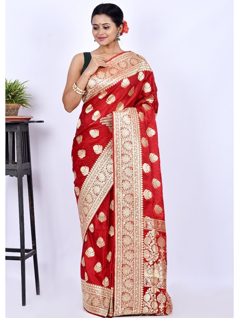 

AllSilks Red & Gold-Toned Woven Design Zari Satin Banarasi Saree