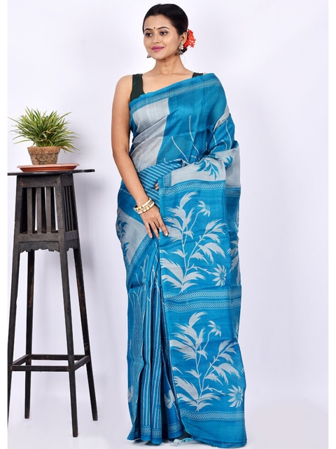 

AllSilks Blue & Grey Floral Pure Silk Block Print Saree