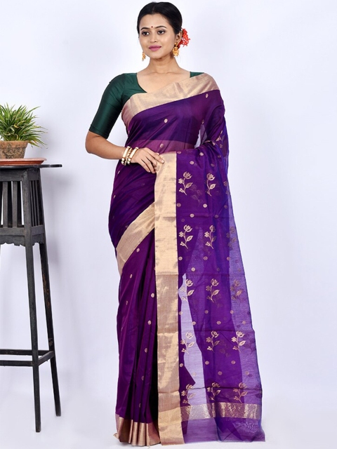 

AllSilks Purple & Gold-Toned Woven Design Zari Silk Blend Chanderi Saree