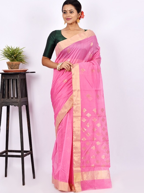 

AllSilks Pink & Gold-Toned Woven Design Zari Silk Blend Chanderi Saree