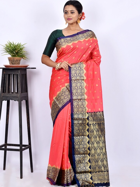 

AllSilks Pink & Blue Woven Design Zari Silk Blend Kanjeevaram Saree