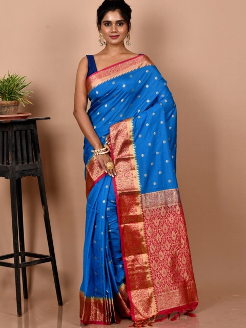 

AllSilks Blue & Gold-Toned Woven Design Zari Silk Blend Kanjeevaram Saree