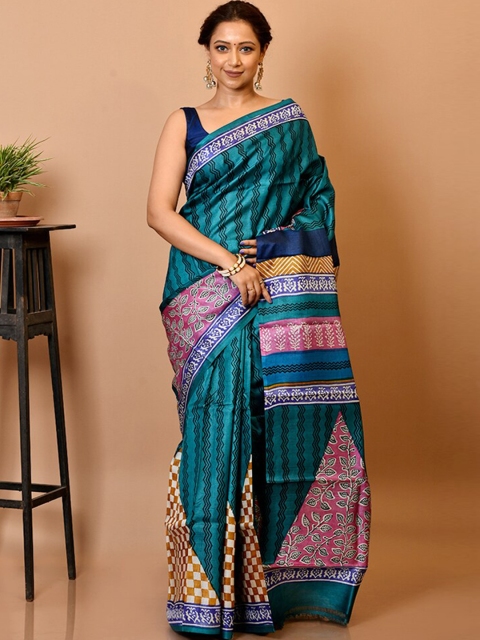 

AllSilks Green & Blue Silk Blend Tussar Saree