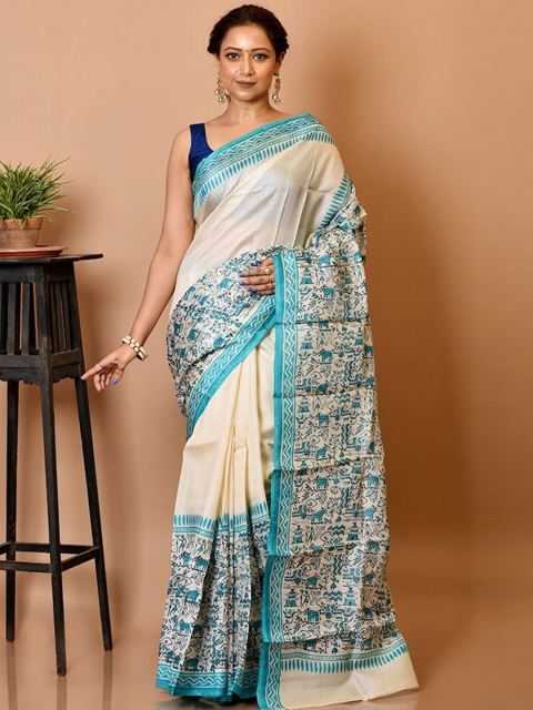 

AllSilks Cream-Coloured & Blue Silk Blend Tussar Saree