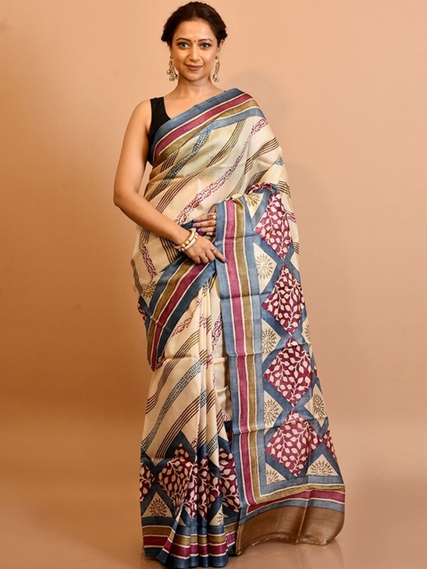 

AllSilks Cream-Coloured & Red Ethnic Motifs Silk Blend Tussar Saree