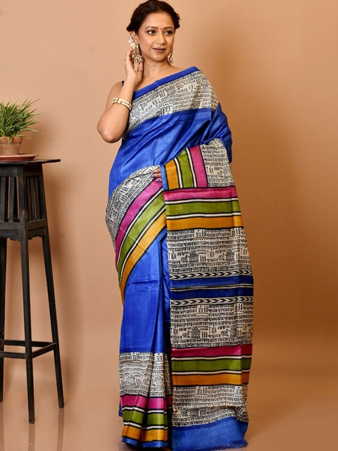

AllSilks Blue & Cream-Coloured Silk Blend Tussar Saree