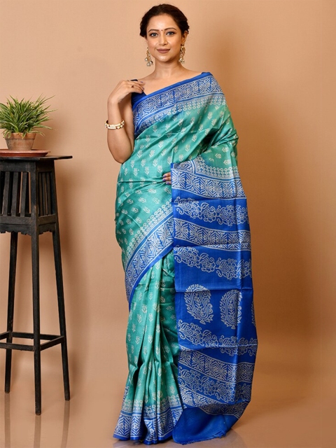 

AllSilks Blue & Teal Floral Silk Blend Tussar Saree