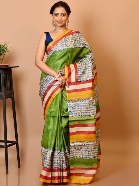 

AllSilks Green & Red Silk Blend Tussar Saree