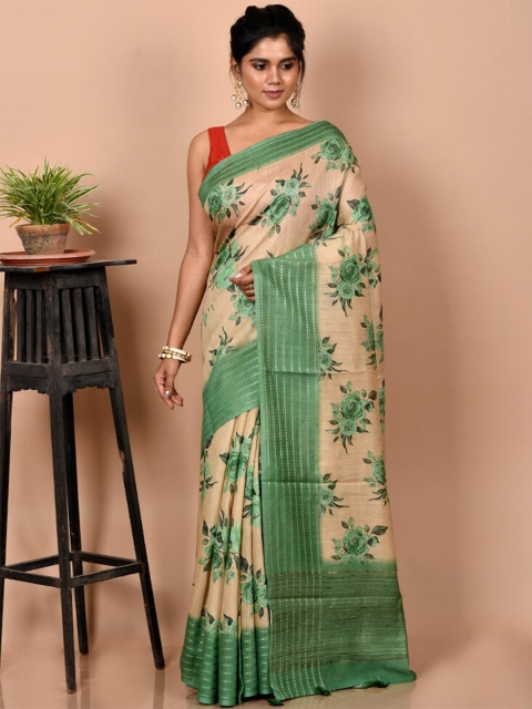 

AllSilks Cream-Coloured & Green Floral Pure Silk Tussar Saree